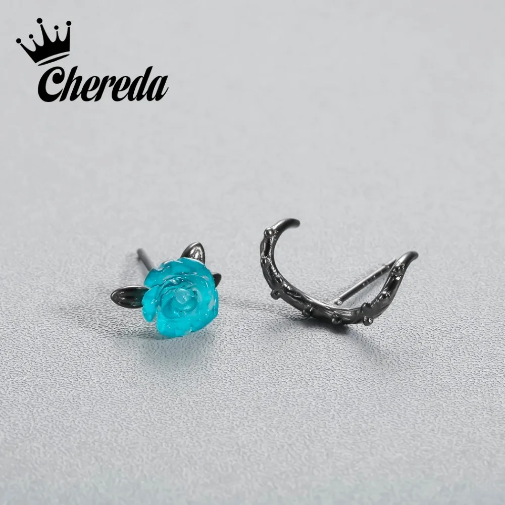 Женские серьги пусеты Chereda черные с синими ледяными цветами и розами rose earrings