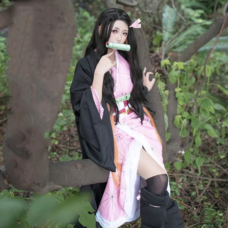 Аниме Demon Slayer Kamado Nezuko костюмы для косплея Kimetsu no Yaiba женское Розовое Кимоно костюмы на Хэллоуин для женщин парик на Хэллоуин