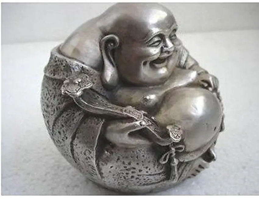 

Collection Collectible rare luck tibetan silver smile buddha statue wholesale 2PCS factory Bronze Arts outlets