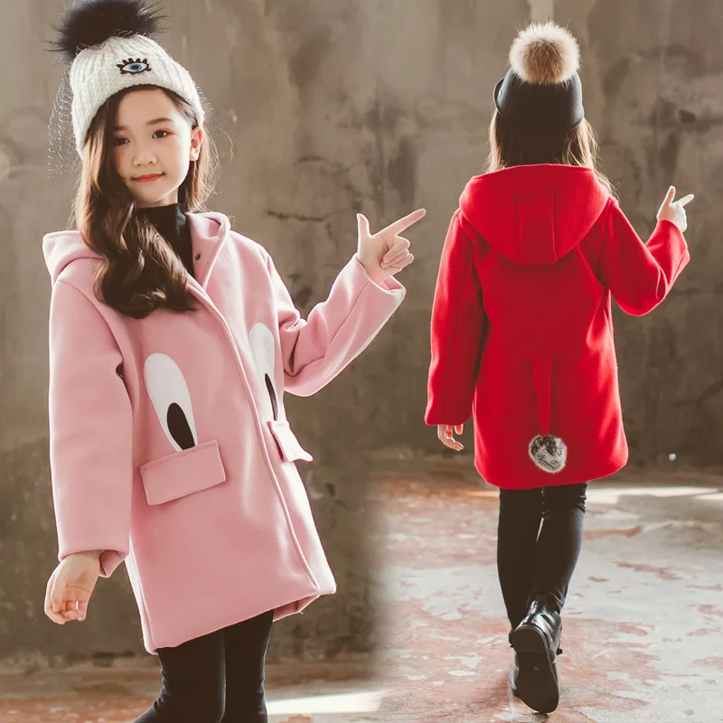 Girls Woolen Coat Long Winter Jackets For Girls Eye pattern Thick Kids Outerwear Autumn Teenage Girls Christmas Clothes 4-14 Y