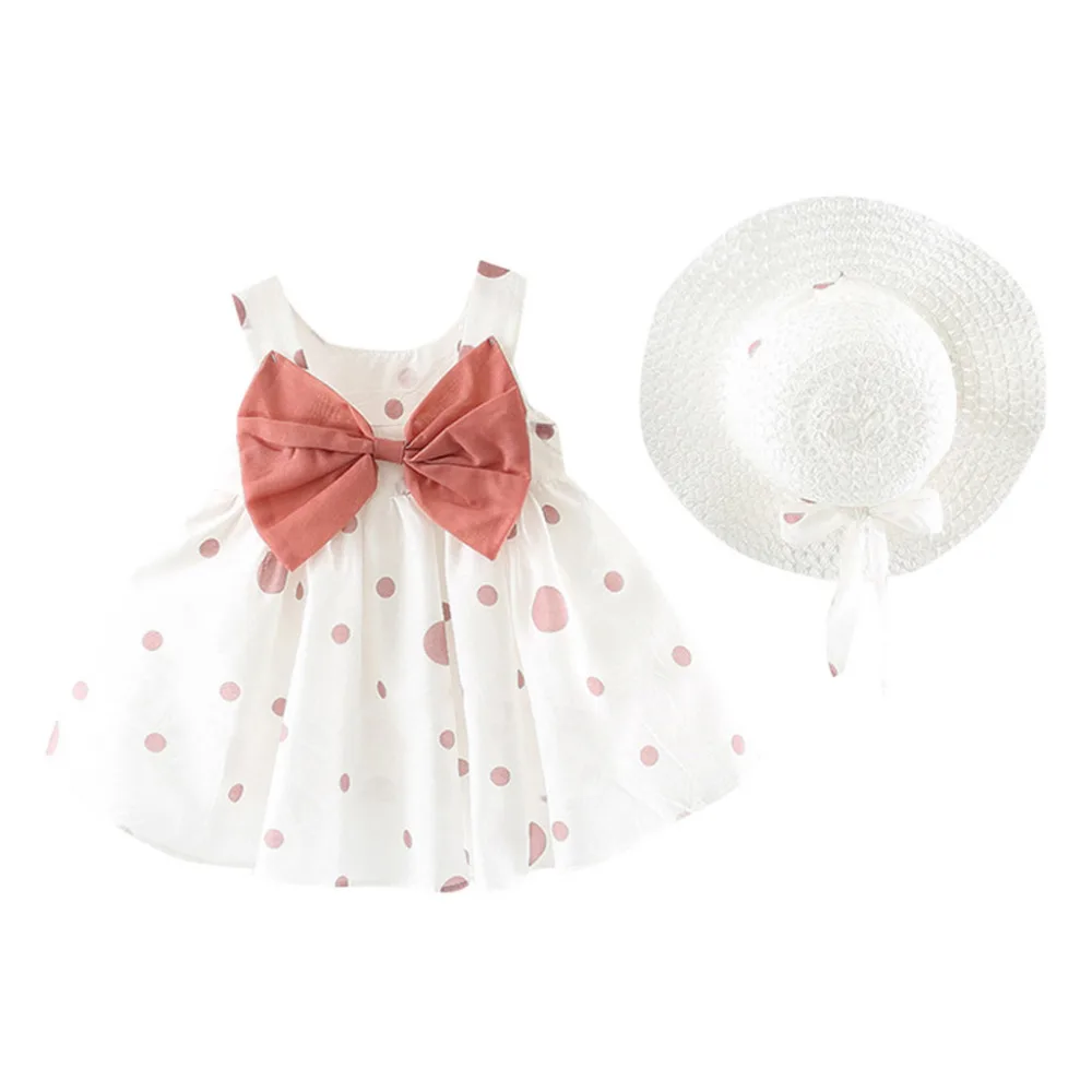 

2019 New Summer Girls Clothes Baby Girl Kids Summer Sleeveless O-neck Print Floral Bow Princess Dress Cute Dot Baby Dress A1