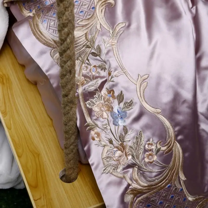 Фиолетовый Белый Вышивка Duvet Стёганое одеяло роскошные постельные принадлежности мягкие постельное бельё из египетского хлопка листов простыня набор King queen размер 4/7 шт