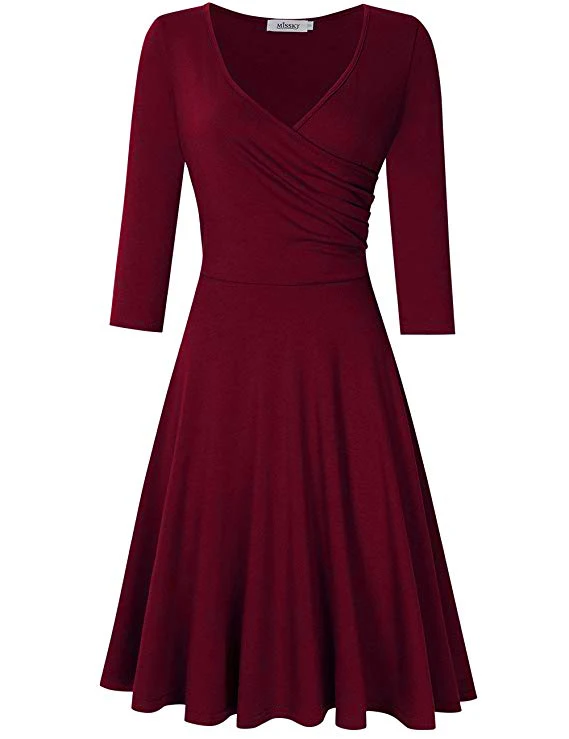 wine red Женское Хлопковое платье, повседневное, летнее, однотонное, ТРАПЕЦИЕВИДНОЕ, сарафан, v-образный вырез, половина рукава, большой размер, плиссированное платье, праздничные, вечерние, офисные платья - Цвет: wine red