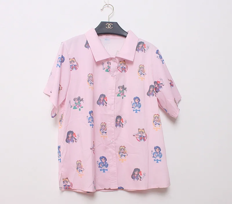 Daddy Chen Blusas Algodon, Ретро стиль, Mujer, розовая рубашка Сейлор Мун, милая мультяшная футболка, женская рубашка на пуговицах, свободная, короткий рукав, Kawaii