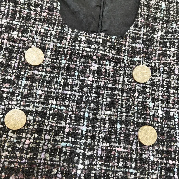 S-xl Новинка, Осень-зима, комплект из 2 предметов, подиумная Женская Сексуальная кружевная рубашка с бантом, топы+ двубортное твидовое клетчатое мини-платье без рукавов