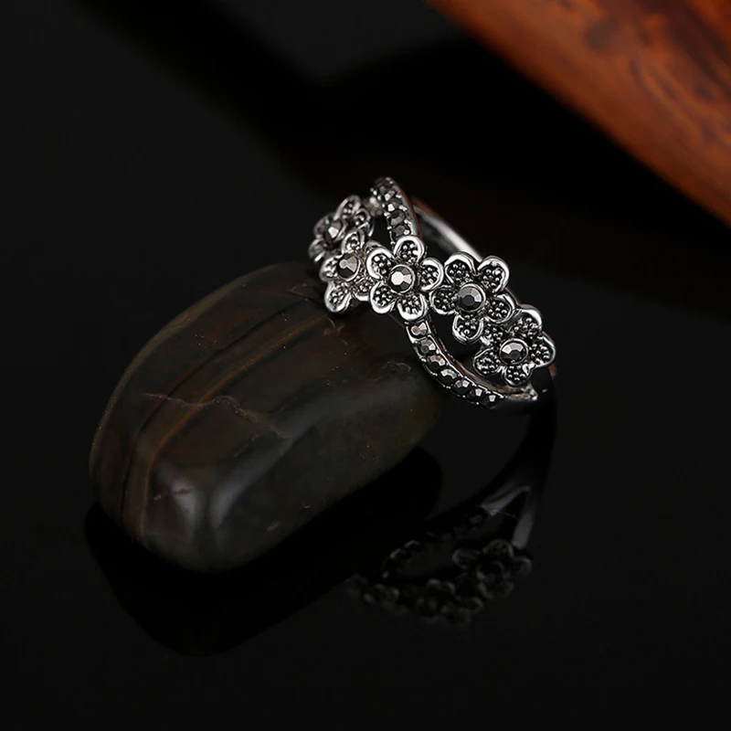 Женское Винтажное кольцо из черного камня с цветами Серебряное сплава цинка для