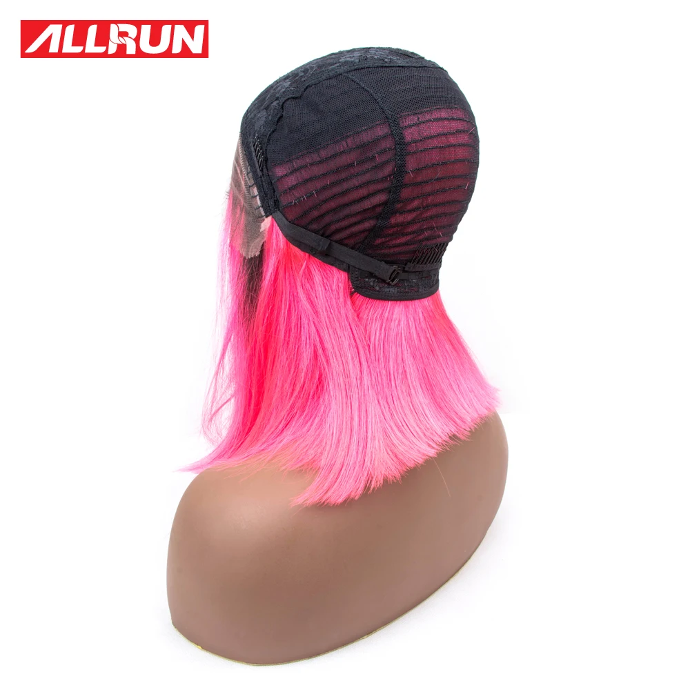 Allrun Short Lace Human Hair Wigs Preplucked remy Tb/Pink Brazilian Ombre Bob Wig Middle Part Natural Line | Шиньоны и парики