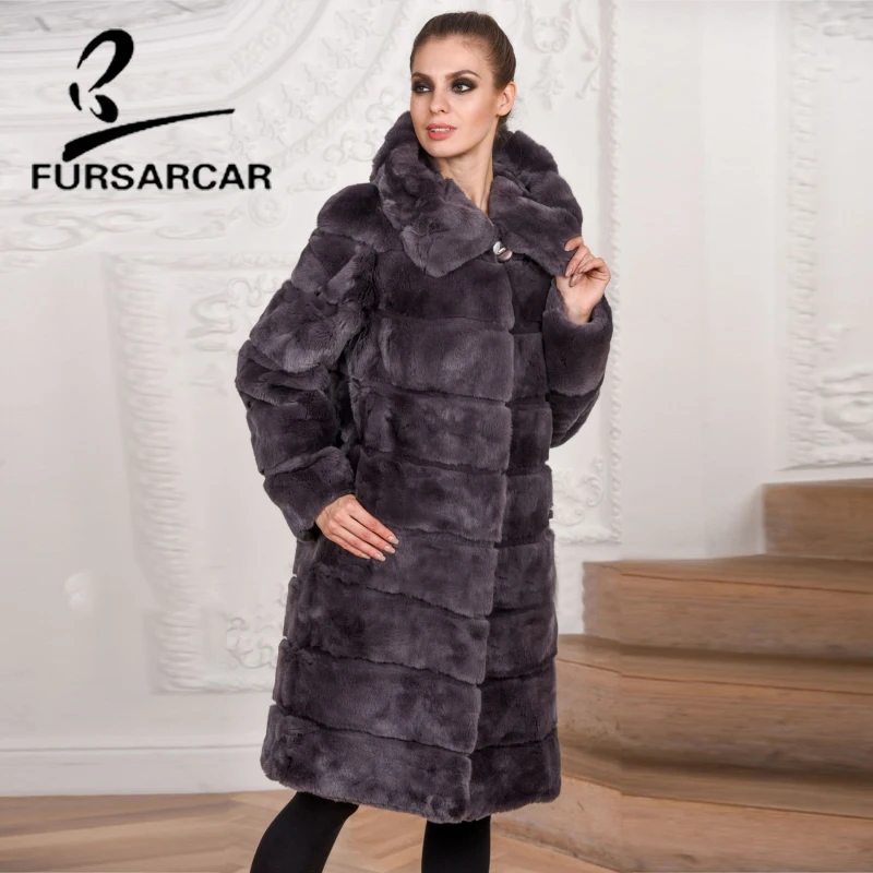 FURSARCAR теплая свободная шуба из кролика рекс Рекс с капюшоном 2018 Роскошная модная