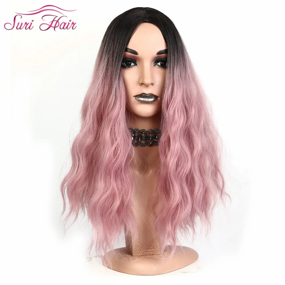 

Suri Hair long Synthetic hair Wigs for Women American Ombre Pink Wig black roots 130% Density natural wave wigs cosplay party