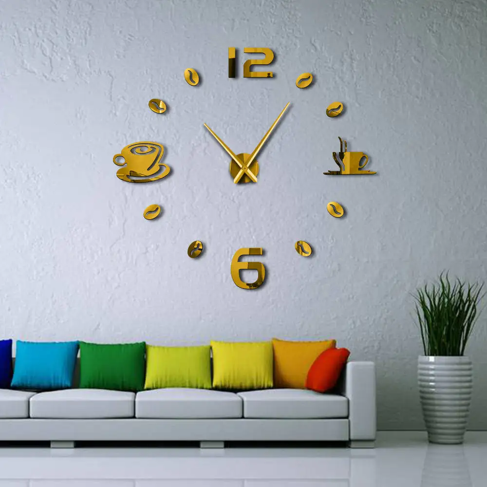 Кофейные художественные наклеивающиеся на стену часы DIY зеркальные настенные часы coffee Bean Giant современный дизайн Reloj De Pared 3d DIY акриловое зеркало