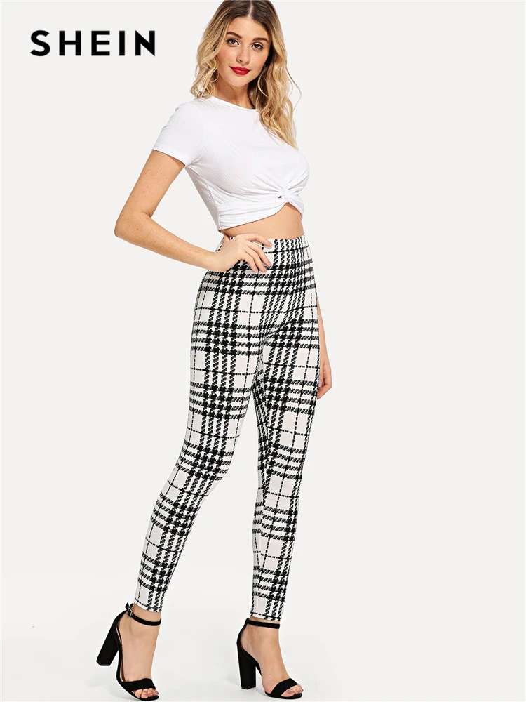 SHEIN черные и белые офисные женские клетчатые обтягивающие повседневные леггинсы с высокой талией, летние женские элегантные леггинсы, брюки