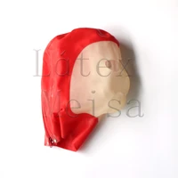 adults latex hood bdsm open eyes nostrils and mouth main in red and transparent colors with back zip