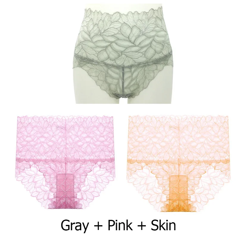 gray pink skin 3 шт./партия, женские трусики, сексуальное нижнее белье, дышащие, с высокой талией, трусики для женщин, хлопок, промежность, женские кружевные трусики - Цвет: gray pink skin