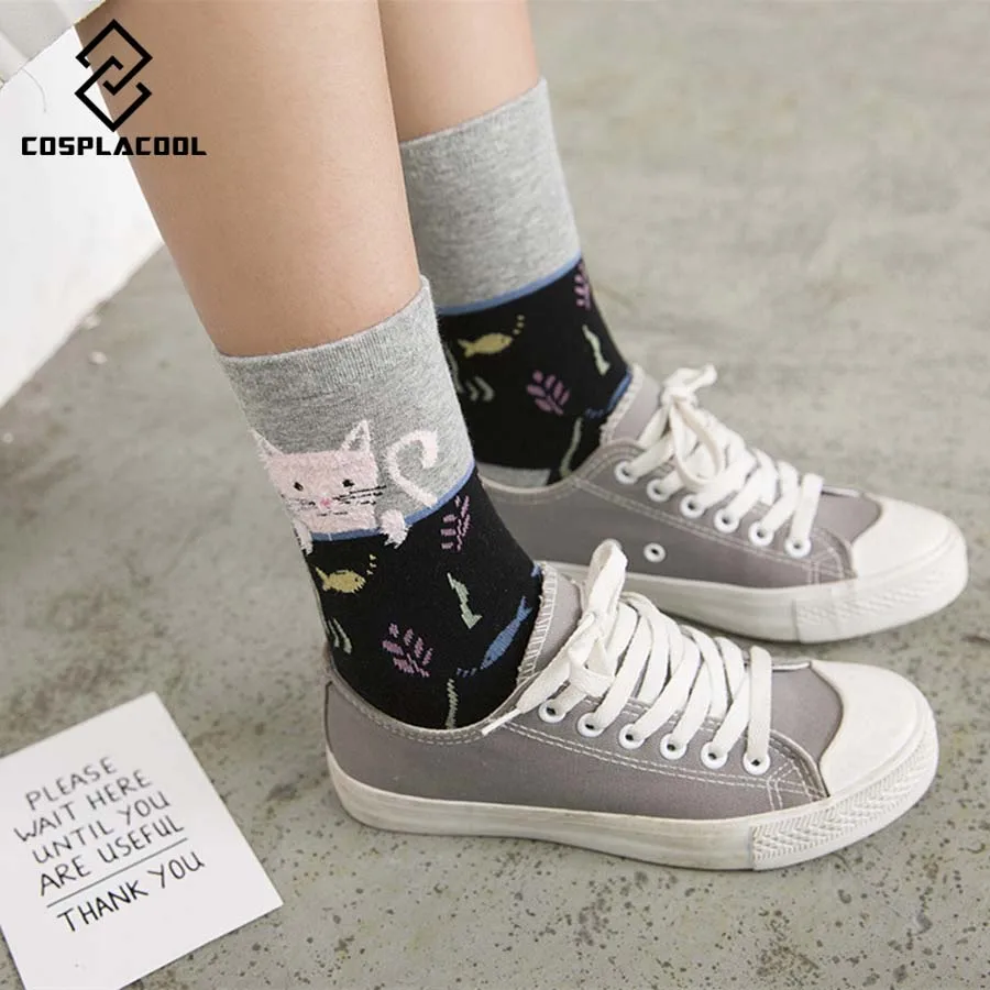 [COSPLACOOL] новые носки для женщин кошек и рыбок цвет черный теплый мультяшный