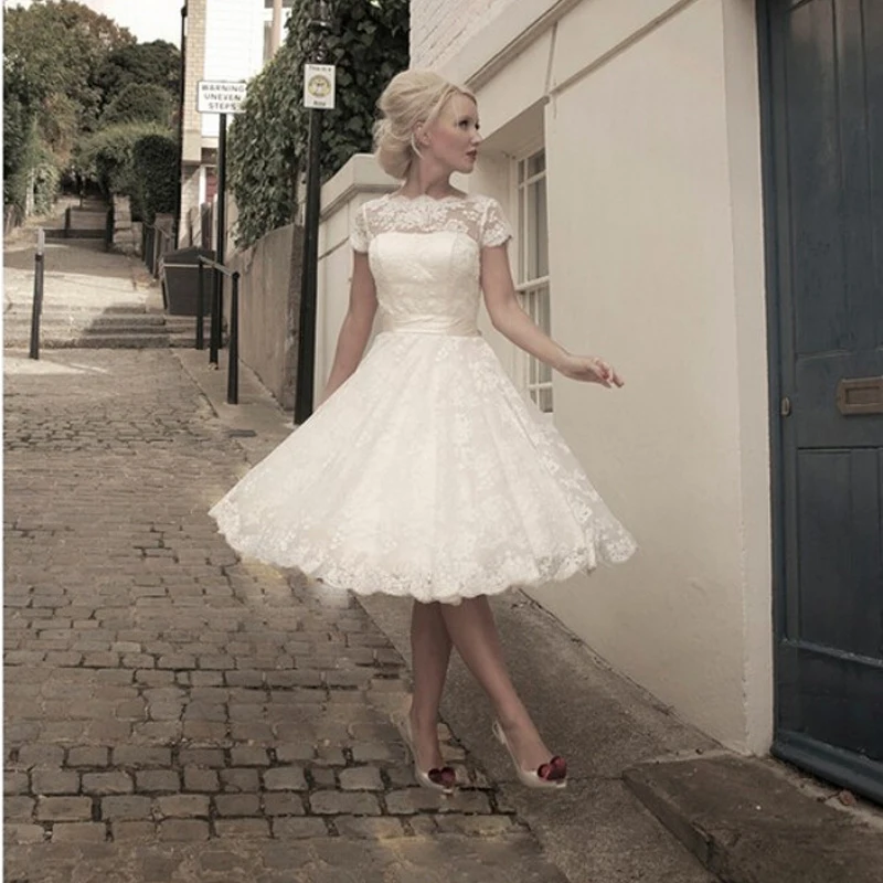 

Кружевное Свадебное Платье До Колена, с коротким рукавом и аппликацией, а-силуэт