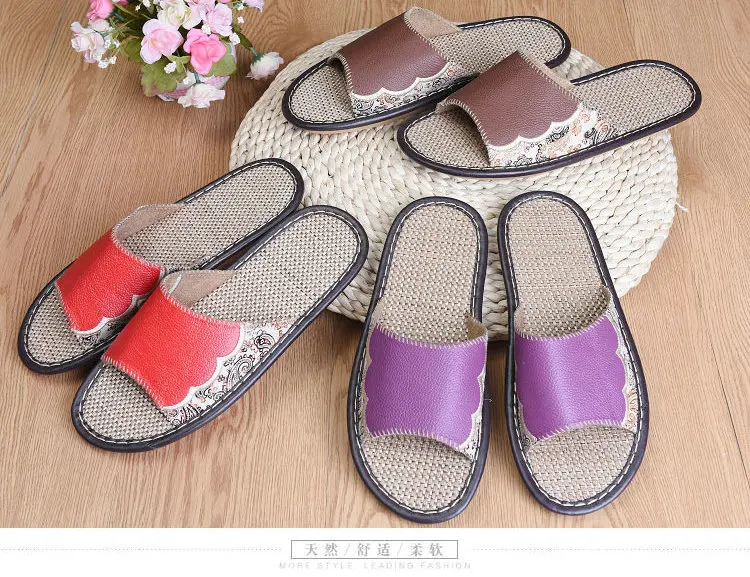 Летние домашние тапочки для пар из натуральной кожи льняные мягкие и удобные