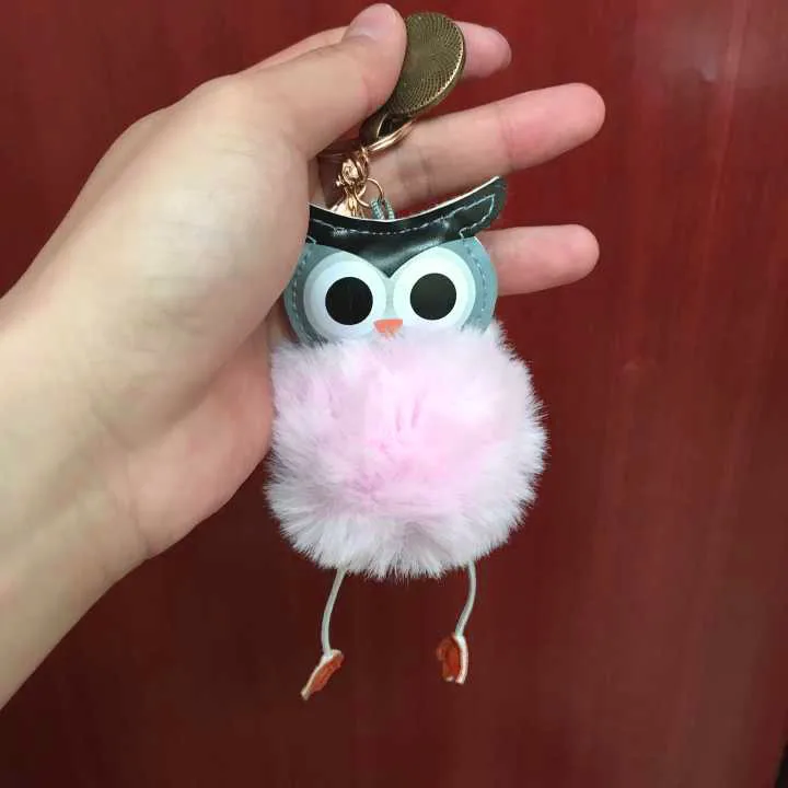 

QiYuFang Cute Pompom Owl Keychain pom pom Rainbow Dash Arcane Circle Key Chain Rabbit Fur Ball pompon Porte Clef Fluffy Key Ring