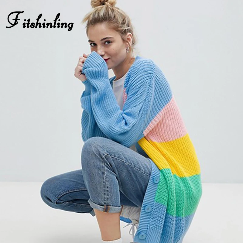 Fitshinling Macaron зимние кардиганы свитера Трикотаж однобортный пуговицы милый длинный
