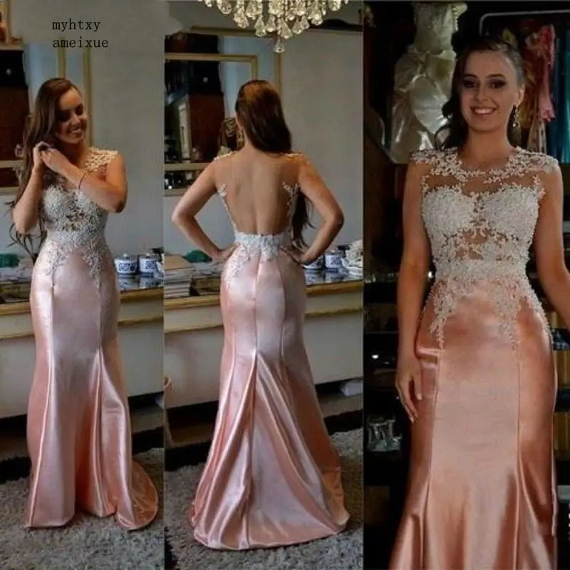 

china Scoop Sleeveless Backless High Quality Lace Applique Crystal Satin Mermaid Evening Dresses Open Back Evening Dresses