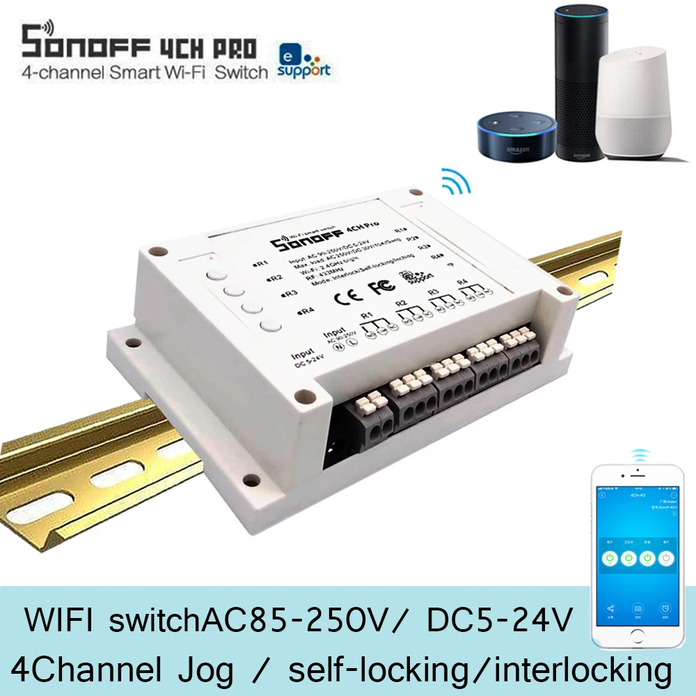 Sonoff 4CH Pro 4 канала WiFi RF Smart ON/OFF Пульт дистанционного управления Inching/Self Locking/Interlock/Timer