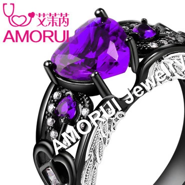 FebPurple AMORUI, крылья ангела, черные обручальные кольца для женщин/женщин, мода AAA, циркон, камень для рождения, обручальное кольцо, вечерние, подарок, Прямая поставка - Цвет основного камня: FebPurple