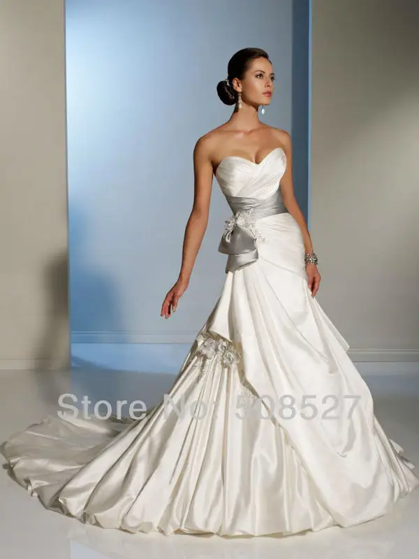 2016 Одеяние Mariage Сшитое Белый/Кот Атласная Серебряный Sash Pleat Аппликации