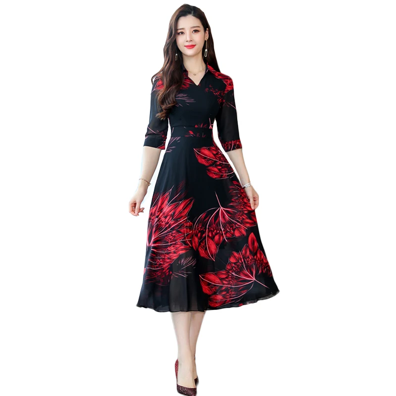 2019 Весна Лето Новое тонкое элегантное шифоновое платье с высокой талией женское