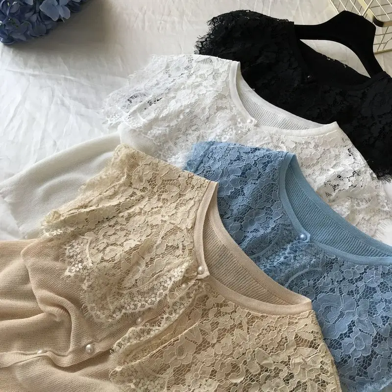 ALPHALMODA Летний Женский вязаный кардиган с кружевным воротником, однобортный кружевной кардиган в стиле пэчворк, милая Повседневная летняя одежда