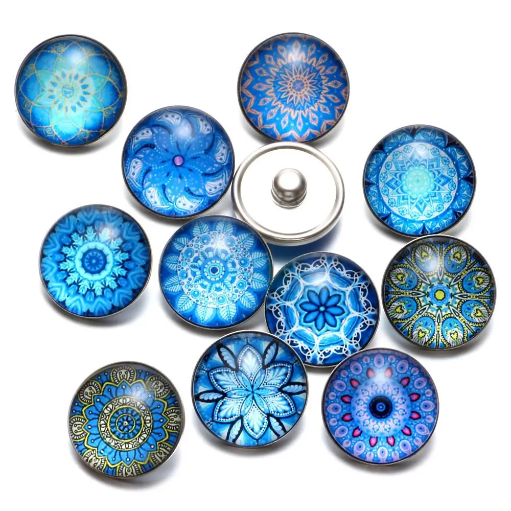 12pcs/lot Blue Series Theme Beautiful Exotic Pattern 18mm Snap Button Charms For Snaps Bracelet Jewelry KZ0630 | Украшения и
