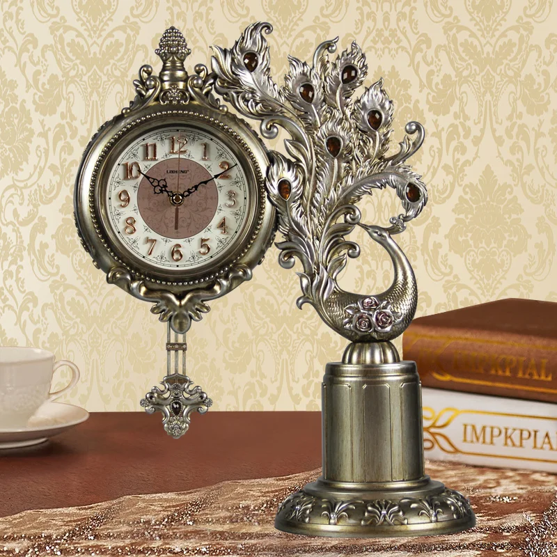 Metal silver-35X46cm Европейские часы с павлином гостиная настольные часы Тихий кварцевый часы персональное искусство маятник часы декоративные настольные и настольные часы - Цвет: Metal silver-35X46cm
