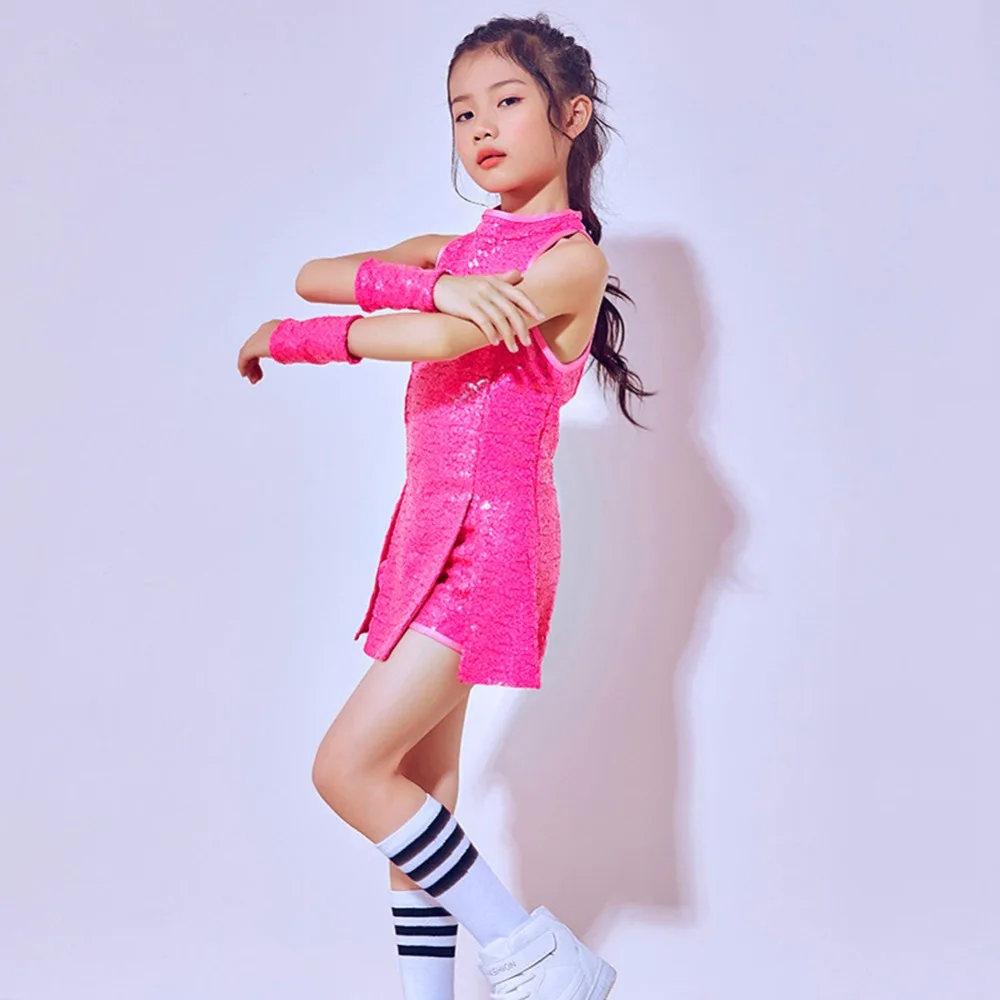 4 PCS Children Girls Sequins Jazz Latin Hiphop Street Dance Dress Costume Ballroom Dancewear Stage Performance Clothing Set | Детская