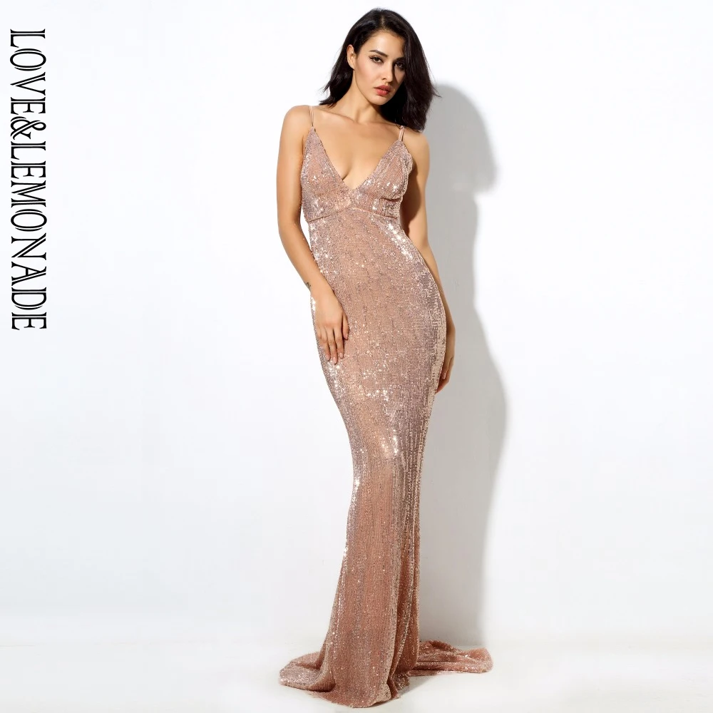 Женское платье с блестками LOVE & LEMONADE длинное эластичное V образным вырезом и