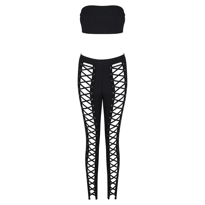 2017 New Sexy Women Black Beige Strapless Off The Shoulder Two Piece Hollow Out Full Length Bodycon Bandage Jumpsuits Hot Sale | Женская