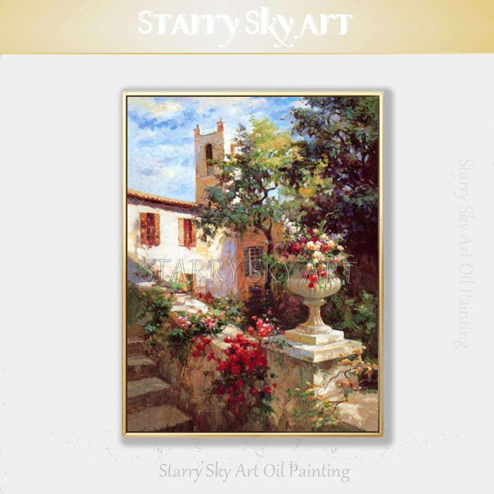 Pintada à Mão-de Pintura a Óleo Pintura a Óleo da Paisagem Artista Profissional Pura Alta Qualidade da Paisagem Impressionista Europa Belo Pátio