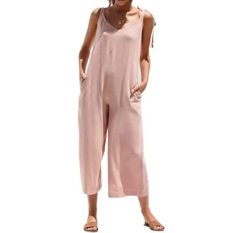 2019 свободные длинные комбинезон Для женщин Летний Пляжный женский без рукавов с v