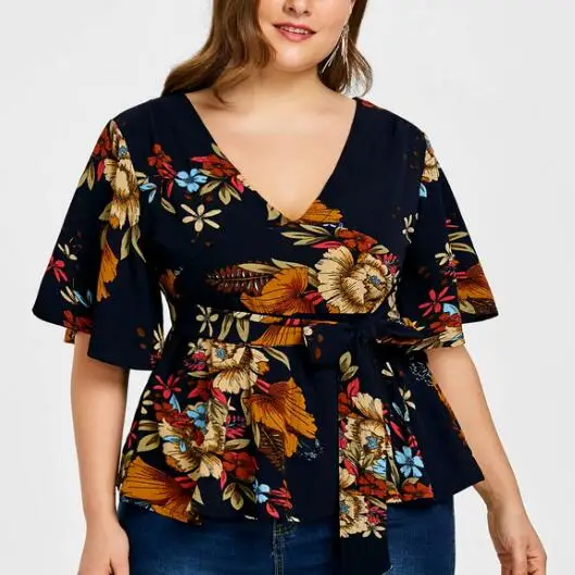 Для женщин s Plus Размеры Топы Блузки Лето с v образным вырезом Короткие рукава
