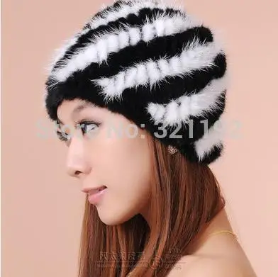 Женские Зимние береты в полоску из 100% меха норки вязаные шапки свободного