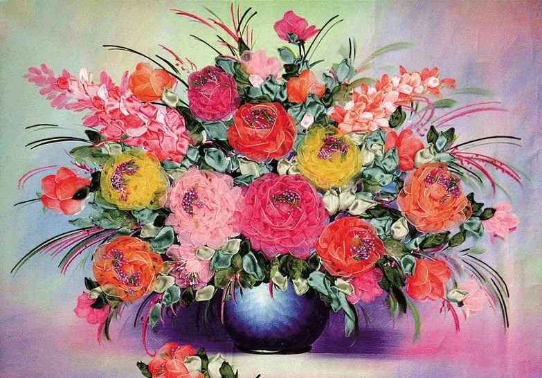 3D Набор для вышивки лентами вазы цветов с иголками холщовая краска рукоделия