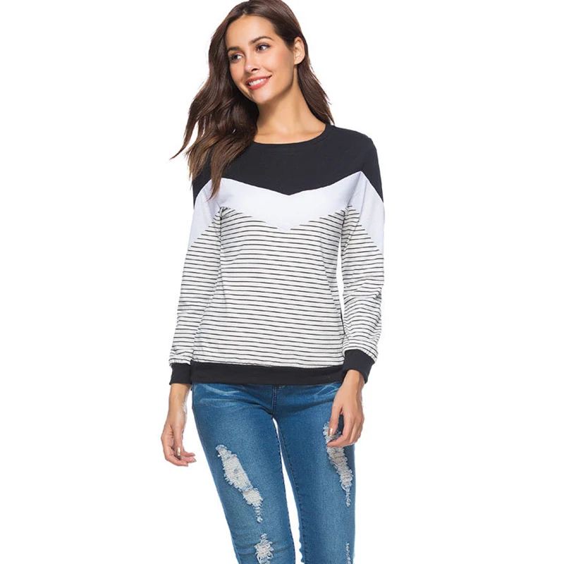 Новинка 2019 черно белые полосатые Лоскутные футболки с длинными рукавами женские