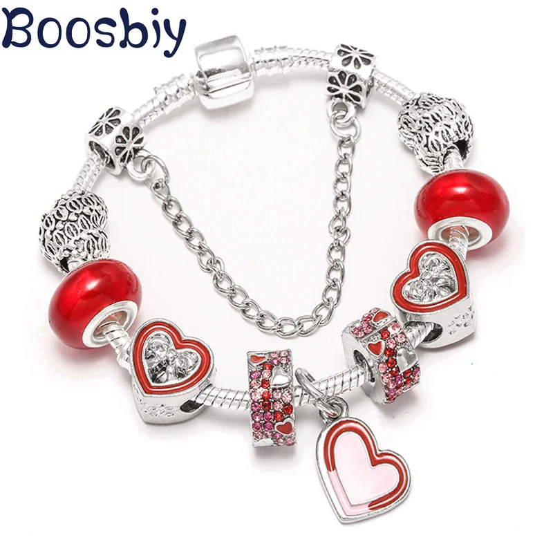 

Boosbiy, модный посеребренный браслет с шармами, бусины в форме сердца для женщин, самодельные хрустальные бусины, оригинальные брендовые брас...