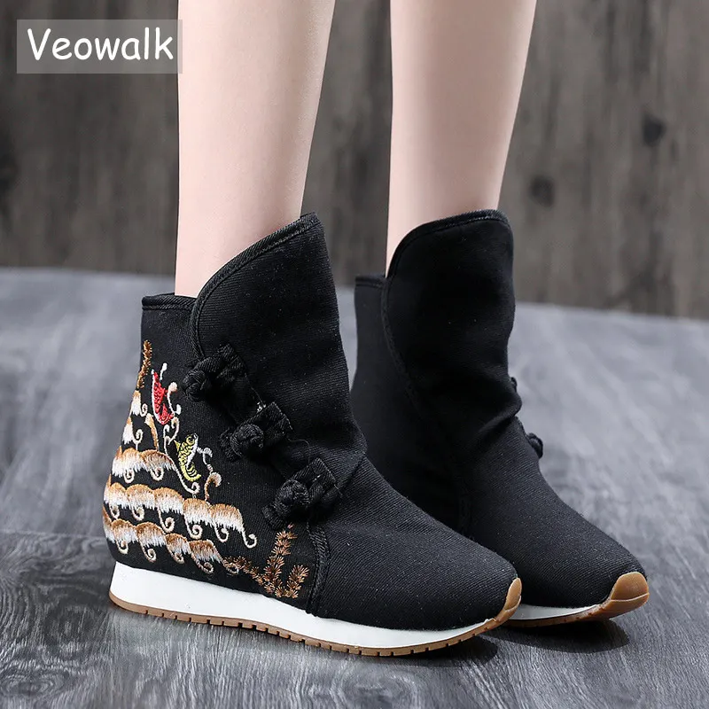 Veowalk женские парусиновые короткие зимние сапоги с Медузой вышитые ботильоны для