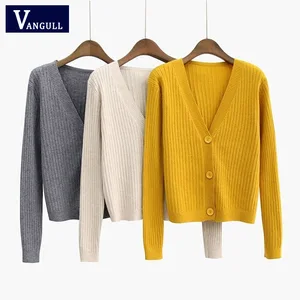 Женский вязаный кардиган с V-образным вырезом и длинным рукавом