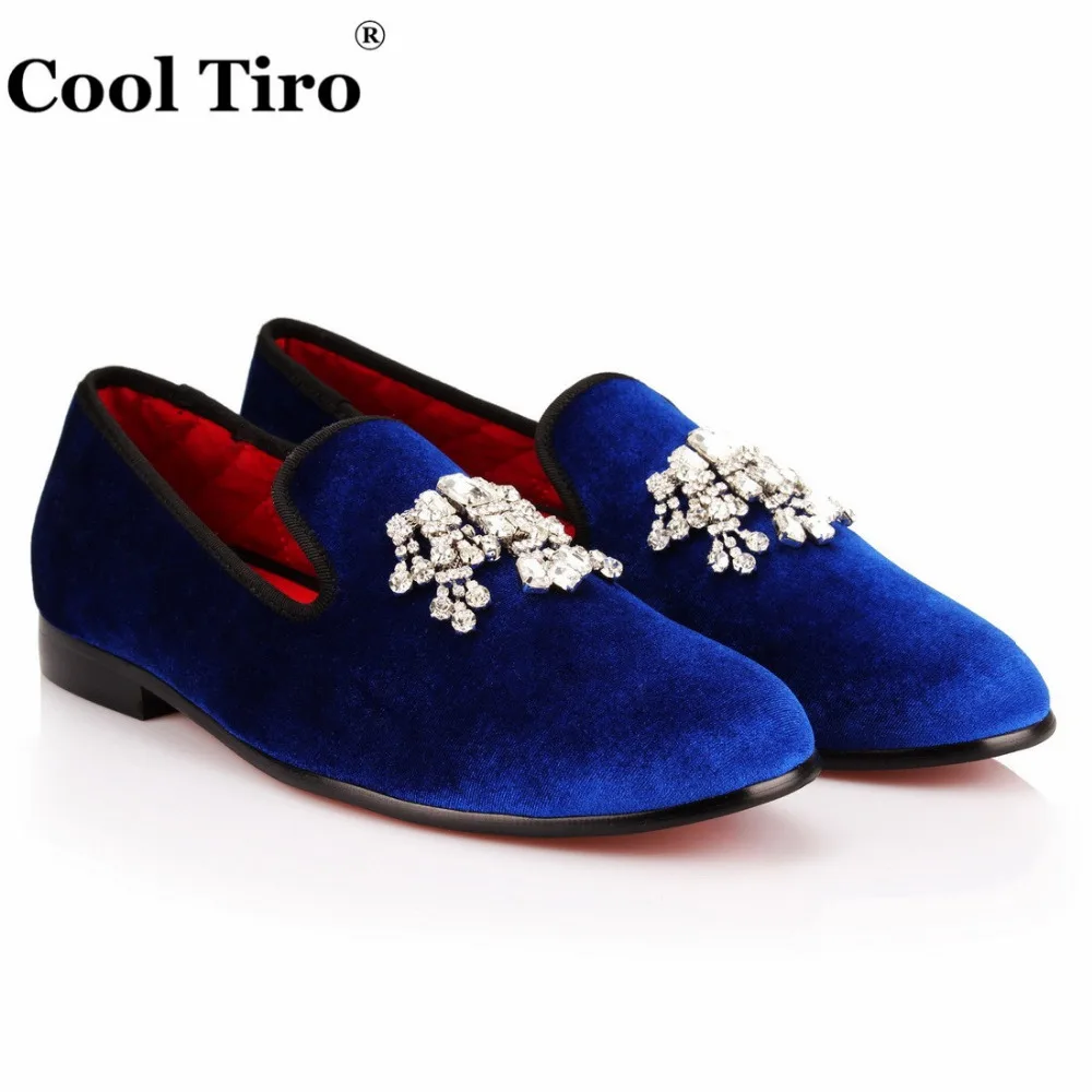COOL TIRO/синие бархатные мужские слипоны со стразами и цветком обувь Тапочки ручной