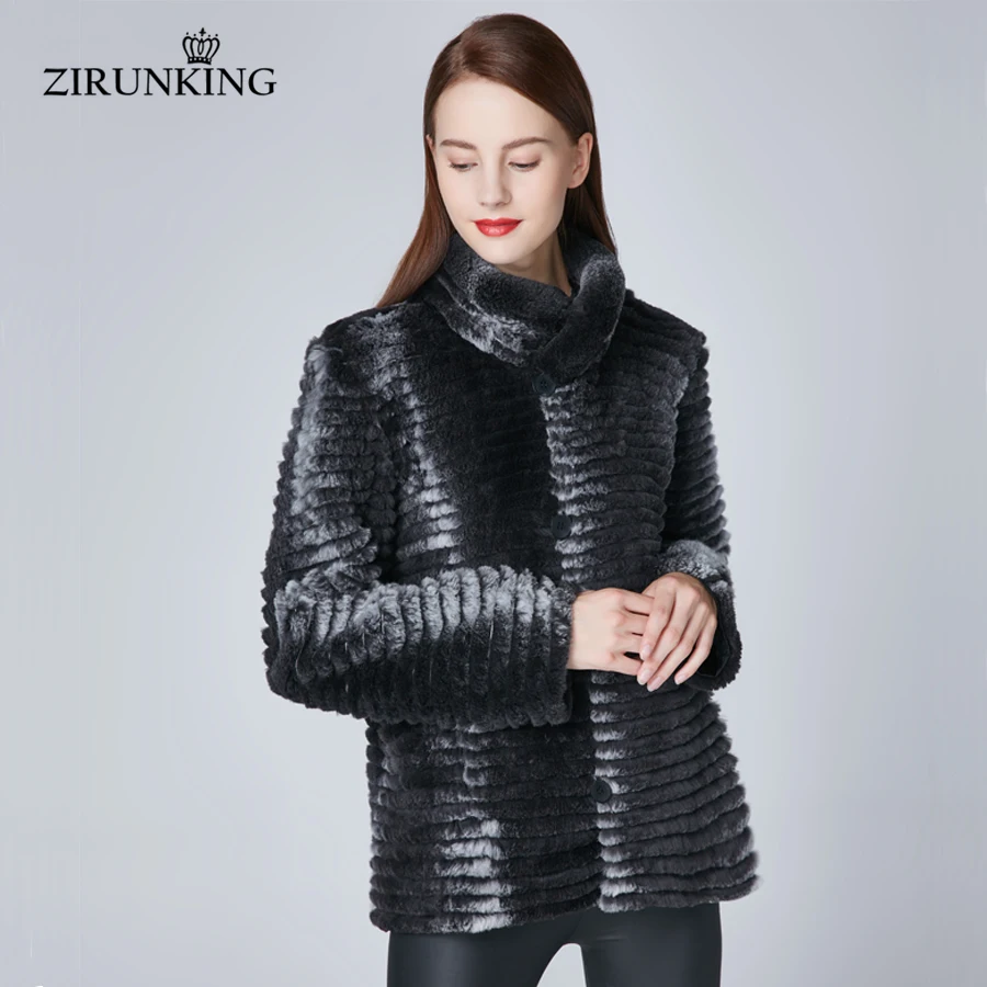 ZIRUNKING женский Настоящий мех кролика Черная курточка женские двустороннее