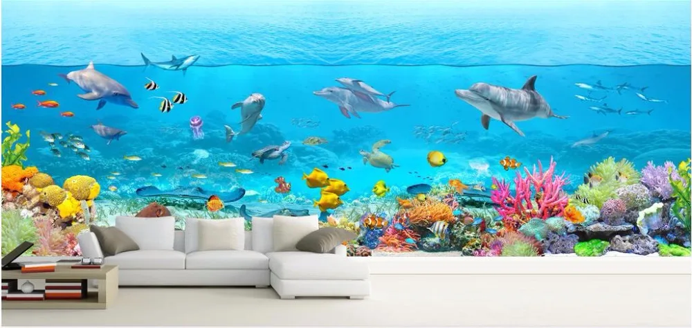 3d обои на заказ роспись фото морской водный Дельфин коралловые рыбы украшение