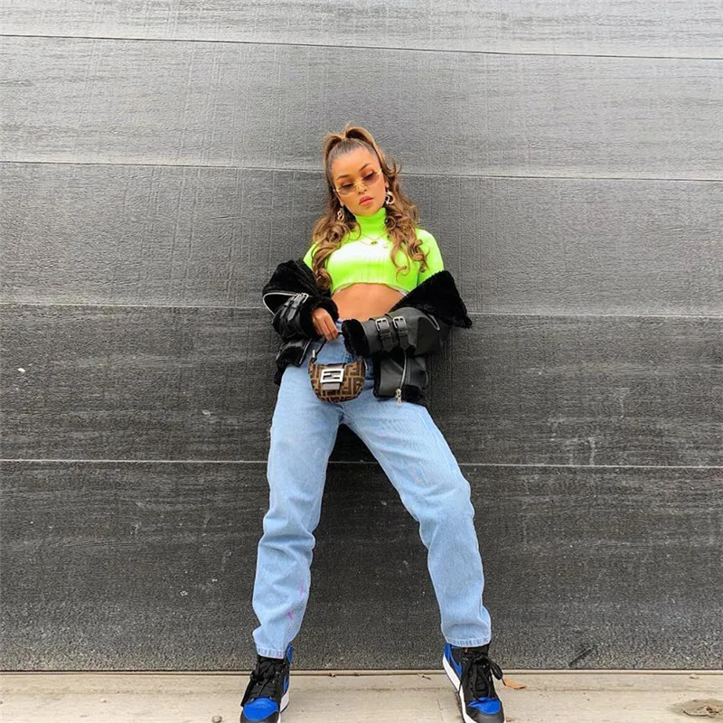 Fluorescent color hip hop New sexy fashion Women's Clothing Harajuku long sleeve short crop top turtleneck club coat | Женская