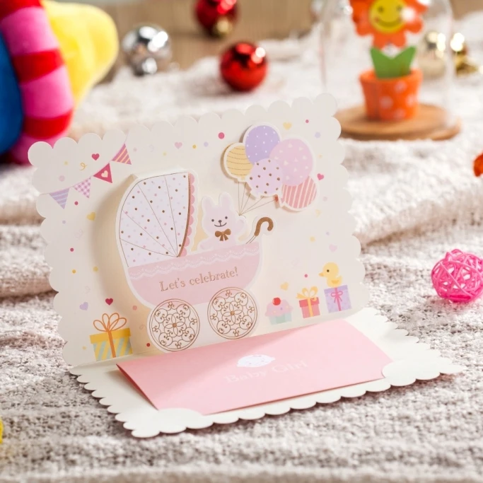 Pink invitations card with ribbon for Baby Girl 3D Card birthday invitation cards CW5301 | Дом и сад