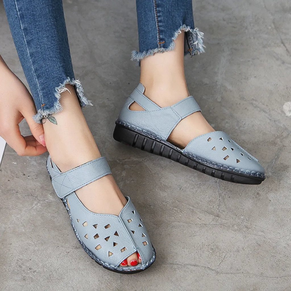 Women's Sandals Soft Bottom National Fish Mouth Ladies Summer Hollow Flat Shoes Female Beach Chaussures C40# | Обувь