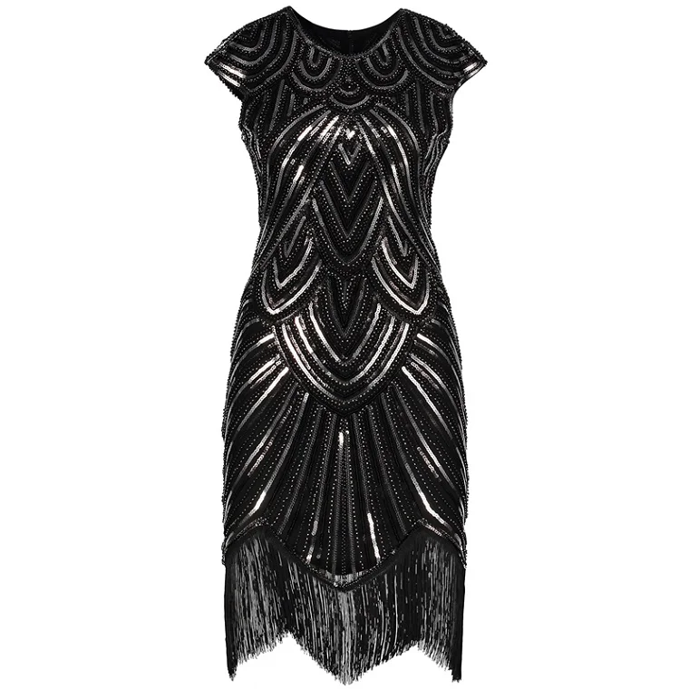 black plus silver Женское платье в стиле Грейт Гэтсби, винтажное платье с круглым вырезом, рукавами-крылышками, пайетками, бусинами и кисточками, 1920 s, пышное платье, вечерние костюмы 20s - Цвет: black plus silver