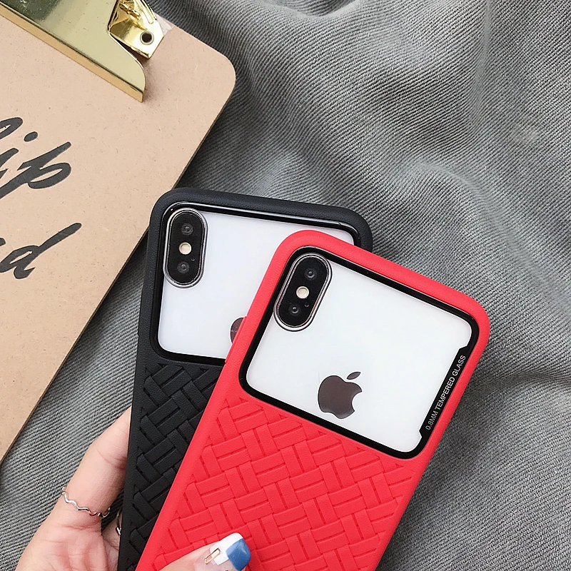 Плетеная сетка силиконовый чехол для iPhone Xs Max роскошный ТПУ + закаленное стекло